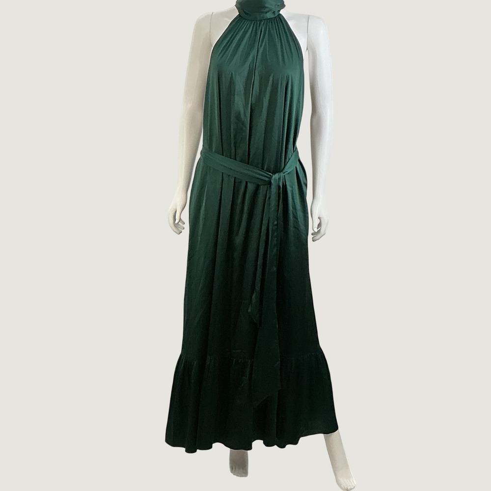 Belle Badgley Mischka Emerald Green Halter Maxi Dress Tie Waist Size 2 Gown